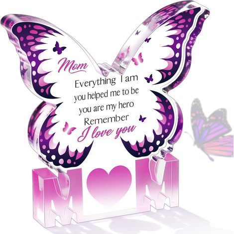 Plaque Acrylique - Forme De Cœur Et Mot « Mom » - Décor De Table Autostable - 15 X 15 X 1,4 Cm - Cadeau Pour Maman (1/2)