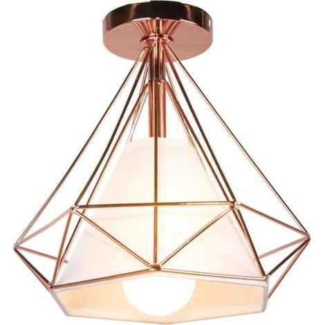 U-do 25CM Plafonnier Industrielle Cage Diamant en Fer E27 Lampe de Plafond pour Chambre Salon Or rose (1/4)