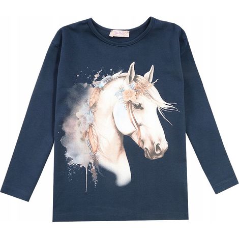 Mädchenbluse, Baumwolle, langärmlig, Pferd, marineblau, Blumen 140 T001ń