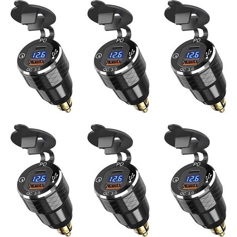 6x USB PD 3.0 Typ C DIN auf USB und QC 3.0 Steckdose 18W Schnellladegerät mit Voltmeter für 12V-24V Motorräder