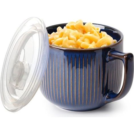 Bol à soupe avec poignées - 900 ml - Compatible micro-ondes - Avec couvercle - Pour soupe, nouilles et bouillie - Bleu (1/5)