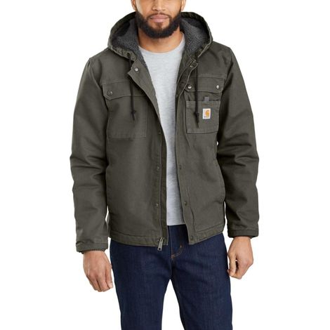 Carhartt – Blouson à capuche en coton duck kaki – Doublure sherpa – Renforts Cordura® – Taille L – Conception ergonomique pour liberté de mouvement (1/2)