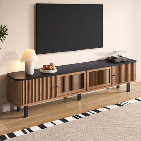 Mueble TV moderno 190 x 35 x 45 cm dos puertas correderas, dos puertas de malla, diseño único, Color de madera natural (1/5)