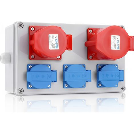 Distributeur D'alimentation monté en Surface, Protecteur de Prise Industrielle 32A 6kW et 16A 6kW CEE, Boîte de Distribution Murale IP44, Borniers N+PE, Presse-étoupes PG21/PG29 (1/5)