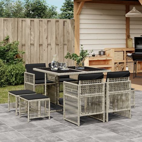 vidaXL Gartenmöbelset mit Kissen 9-teilig Hellgrau Rattan (1/5)