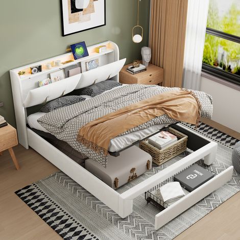 Letto matrimoniale 140/200 cm beige e bianco con vano contenitore e illuminazione soffusa (1/5)