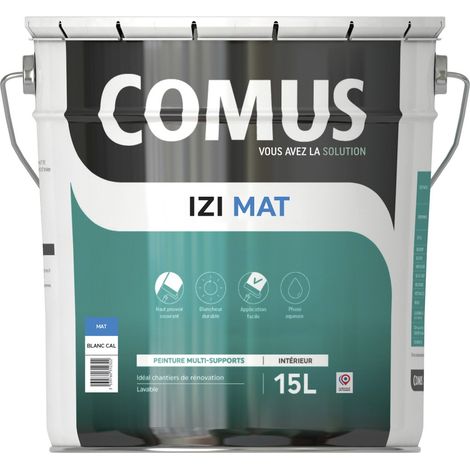 Comus – Peinture acrylique IZI'MAT 15L – Aspect mat – Garnissante et couvrante – Résistance au lavage classe 2 – Pour murs en plâtre et bois (1/4)