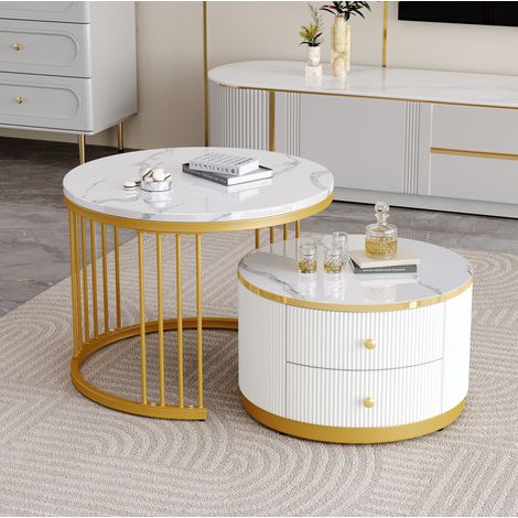 Mesa de centro juego de 2 MDF blanco efecto mármol brillo, redonda 60 cm, con 2 cajones (1/5)