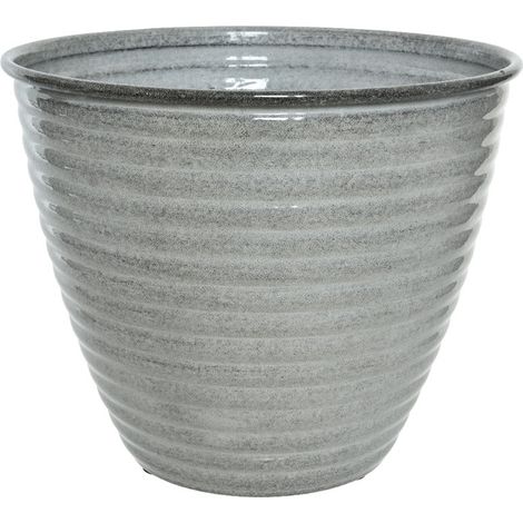 Cache-pot rond en acier émaillé gris Ø 37 x H 30 cm – Résistant aux UV et gel – Trou d'évacuation pour surplus d'eau – Jardideco (1/2)