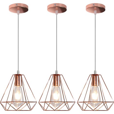 Vintage Pendant Light Industial Ø20cm Diamond Cage Chanderlier Minimalist Metal Lampshade Hanging Ceiling Lamp for Kitchen Island (Rose Gold) 3PCS (1/5)