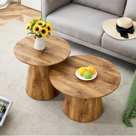 REDOM - Lot 2 tables d'appoint rondes 50x50x48 cm et 60x60x35 cm, usage modulable, base stable MDF naturel (1/5)