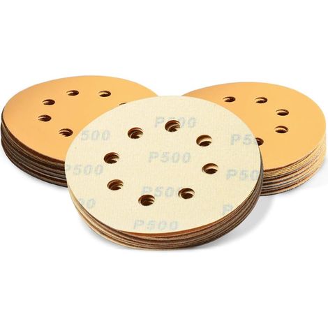 Lot de 50 disques abrasifs à 8 trous de 12,7 cm - Grain 500 - Sans poussière - Pour ponceuse orbitale aléatoire - Jaune - Pour le travail du bois automobile (1/5)