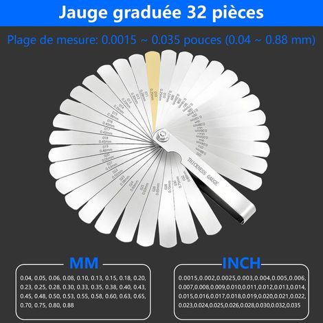 32-teiliges Präzisions-Fühlerlehren-Set aus Edelstahl mit abnehmbaren Fühlerlehrenblättern zur Messung von Ventilspiel/Ventildicke (0,04–0,88 mm). (1/5)