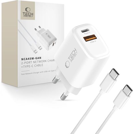 Caricabatterie di rete a 2 porte Tech-Protect NCA45W-GAN PD 45W / QC3.0 + cavo Type-C bianco (1/5)
