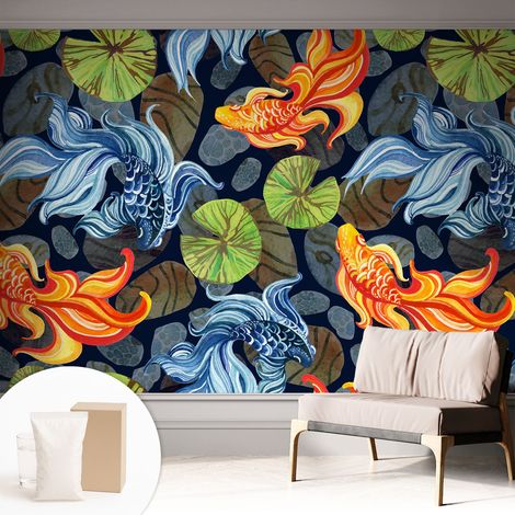 Papier peint intissé mural avec imprimé pour décoration pour salon pour chambre à coucher pour entrée Motifs de poissons 312x219 cm (1/5)
