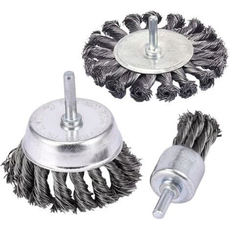 Set di 3 spazzole metalliche annodate con manici da 1/4", spazzole con estremità angolate da 3" e 1" per la rimozione della ruggine -Crezuo