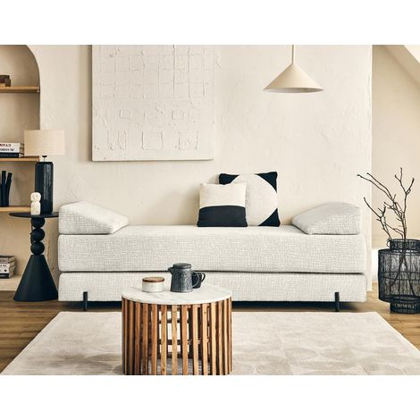 Bestmobilier – Banquette 3 places convertible tissu velours relief – Couchage occasionnel – Coussins déhoussables – Pieds métal noir – Dimensions 196x84x85cm (1/5)