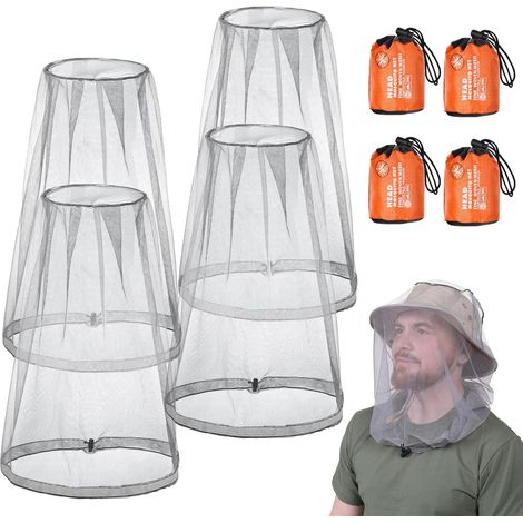 4 Pack Tête de Moustique Net, Filet de Tête Anti-moustiques avec Sac de Transport, Protection Contre Les Insectes Moustiquaire de Tete, Mosquito Head Net pour Apiculteur Camping Extérieur, Gris (1/5)