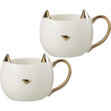 Set de 2 mugs chats en porcelaine blanche et or (1/3)