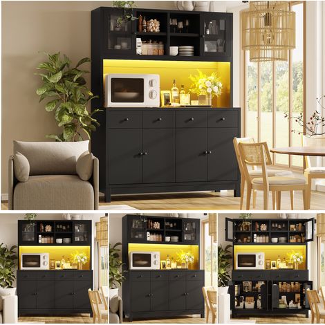 Buffet haut 14038,5180 cm avec LED RGB contrôlée par application, portes vitrées et 4 tiroirs, étagères réglables, charge jusqu'à 100 kg, noir (1/5)