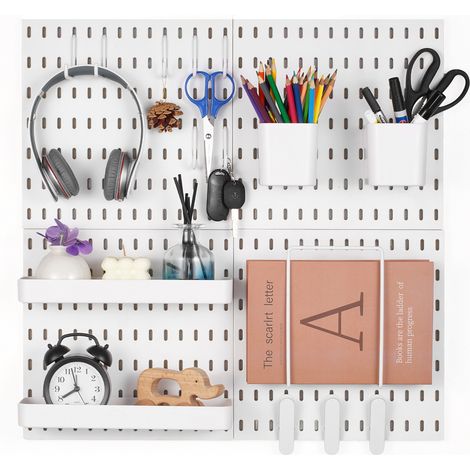 VEVOR Panneau Perfore Mural 280x280 mm Organiseur Garage en Plastique avec 4 Panneaux Perfores, Accessoires, Kit Rangement deOutils pour Bureau, Salle deArtisanat, Maison, Entrepot, Magasin, Blanc