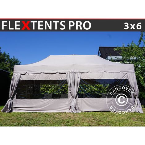 Pop up gazebo FleXtents PRO "Peaked" 3x6 m Latte, incl. 6 sidewalls and 6 decorative curtains