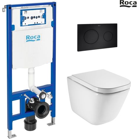 Bastidor ROCA DUPLO con cisterna empotrada y pulsador PL10 negro mate con inodoro suspendido ROCA THE GAP con sistema rimless (1/5)