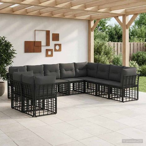 Ensemble canapé d’angle extérieur 10 places modulable en poly rotin noir, coussins polyester - PANGIVO (1/5)