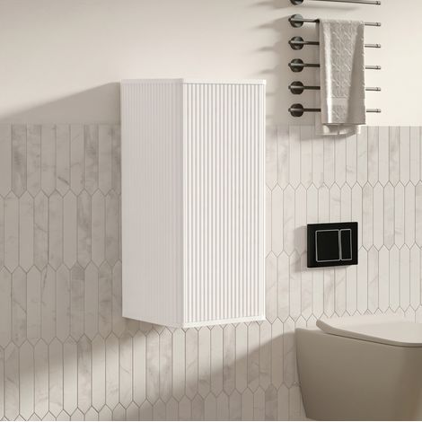 Meuble mural de rangement de salle de bain avec porte push-to-open, étagères, 36x29x75 cm, MDF couleur blanc (1/5)
