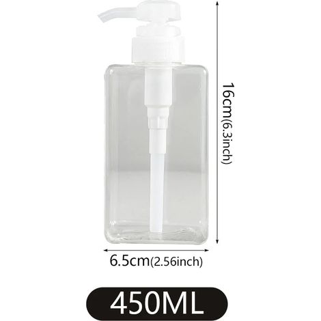 Flacon carré portable (450 ml, transparent) pour savon liquide pour les mains, shampoing et corps. Flacon pompe à mousse rechargeable. Accessoires de salle de bain. (1/5)