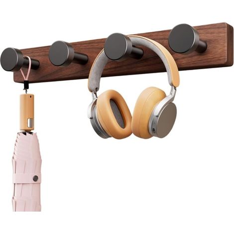 Porte-manteau mural en bois de noyer noir et aluminium – Finition naturelle moderne – Pour chambre, entrée, vestiaire (chapeaux, clés) – Crochets muraux décoratifs et organisateur (4 crochets – 35 cm)
