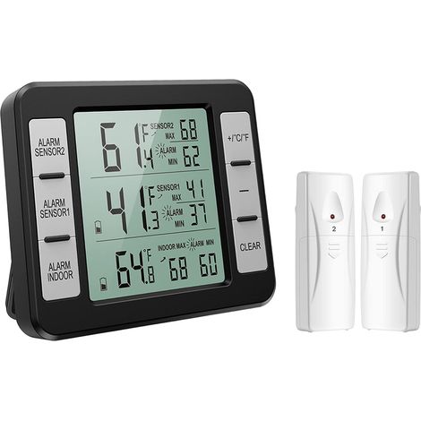 Thermomètre de Réfrigérateur, Thermomètre de Frigo Congelateur sans Fil avec 2 Capteurs, Alarme Sonore, Min/Max, Thermometre In/Extérieur pour Maison Cuisine Restaurant Bars Café - Noir (1/5)