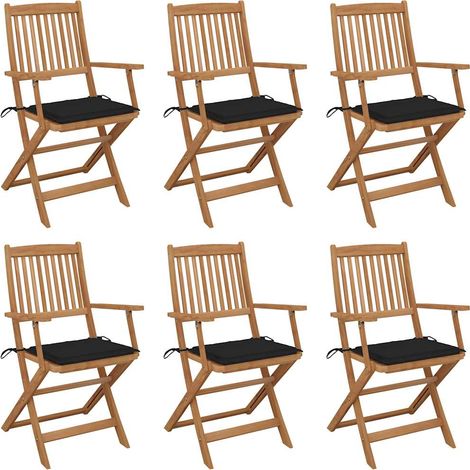 Lot de 6 chaises de jardin pliantes en bois d'acacia massif avec coussins noirs, 39.89kg - PANGIVO (1/5)