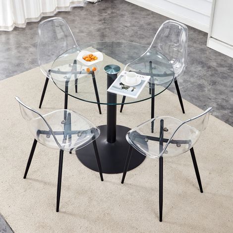 Ensemble de salle à manger rond verre trempé transparent et métal noir, table Ø85x76 cm avec 4 chaises en plastique (1/5)