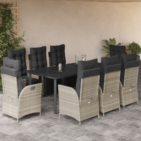 9-tlg. Garten-Essgruppe mit Kissen Hellgrau Poly Rattan