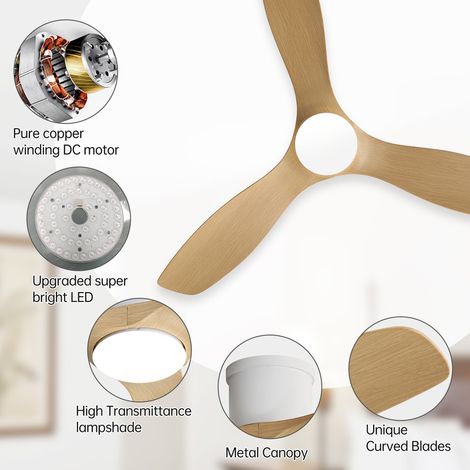 Ventilateur de plafond 132 cm – Éclairage LED tricolore – Télécommande 6 niveaux – Moteur à courant continu silencieux – Pales ABS aspect bois — vue 3