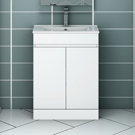 Bathroom Vanity Unit with Basin Storage Cabinets Flat Pack - 600mm Matt White + Floor Standing