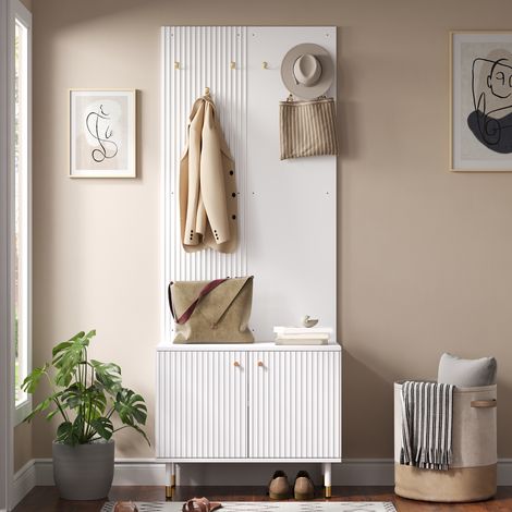 Garderobenschrank - 70 x 35 x 180 cm - flurgarderobe kombination mit schuhschrank, 6 haken, modernen rillendesign, metallfüße, PB, MDF - weiß (1/5)