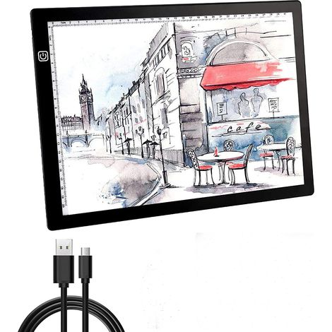 Support de lampe LED avec câble USB, luminosité réglable en continu, plateau à dessin ultra-fin de 4 mm, format A4, idéal pour l'esquisse, la copie et le dessin. (1/5)