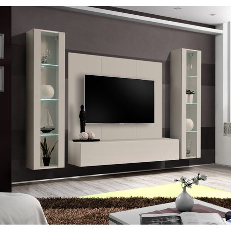 Ensemble meuble TV mural Fly A-P2 avec vitrine et éclairage LED - Bois MDF cachemire - 240 x 170 x 40 cm - Livraison gratuite