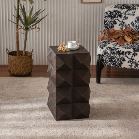 Table d'appoint style vintage (avec texture gaufrée 3D) — Table de chevet vintage en bois massif (Marron) aucun assemblage requis