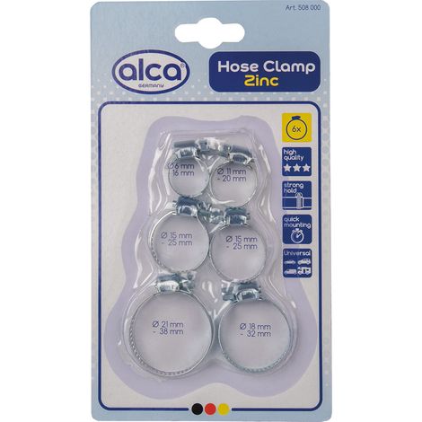 alca® Schlauchschellen Set 6–38 mm, 6‑teilig – verzinkter Stahl, universell einsetzbar, korrosionsbeständig, Schlauchklemmen für KFZ, Haushalt & Werkstatt
