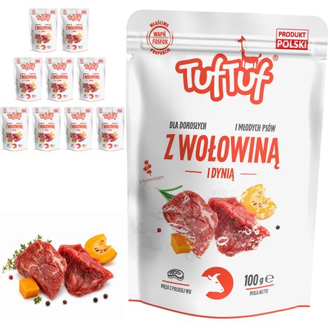 Comida húmeda para perros TufTuf sabor ternera y calabaza, sobres de 10 x 100 g, carne en conserva. (1/2)