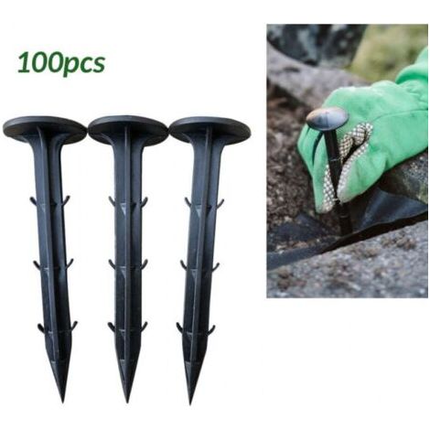 100 piquets de jardin pour fixer les tissus de contrôle des mauvaises herbes, piquet de sol en plastique noir pour tissu de paillage (1/5)
