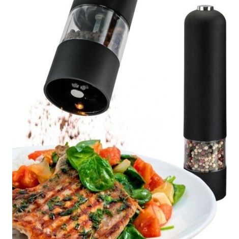 Molinillo eléctrico de pimienta y sal - Luminoso - Funciona con pilas - Grado de molienda ajustable - Negro (1/2)