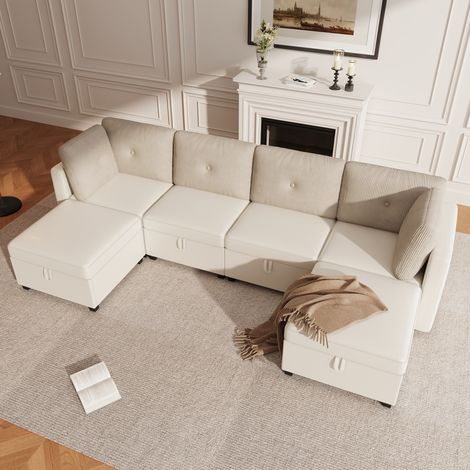 Divano modulare 261 x 132,5 cm beige con contenitore, in velluto e corda, trasformabile (1/5)