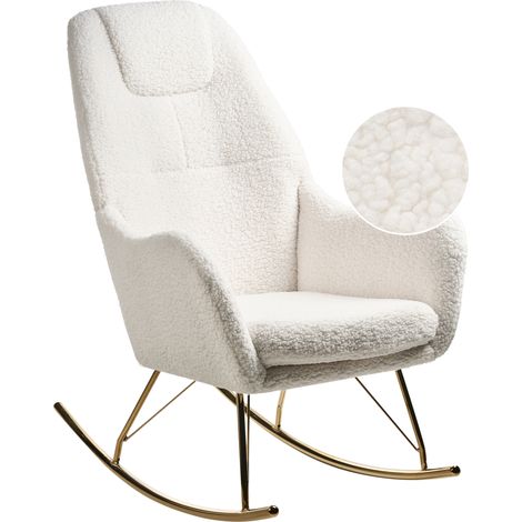 Silla mecedora de bouclé tapizada patas de metal doradas con reposabrazos sala de estar blanco crema Gulsele