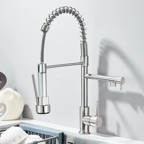 (Nickel brossé) Robinet d'évier à douchette extractible avec double bec et rotation à 360°. (1/2)