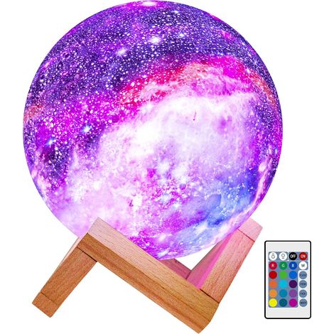 Lampe LED 3D étoile et lune de 15 cm (5,9 pouces) à 16 couleurs avec support en bois, télécommande et commandes tactiles, rechargeable par USB (cadeau idéal)