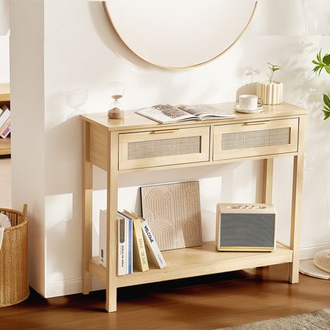 VEVOR Table console en rotin avec 2 tiroirs de rangement, table deentree en rotin naturel avec porte coulissante, 1000 x 295 x 815 mm, rangement pour salon, bureau, entree ou mur TV, couleur du bois